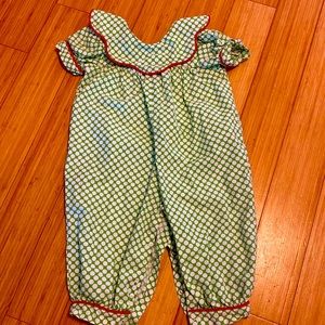 Polka dot green jumper with red trim. Worn once. Size 18 months.